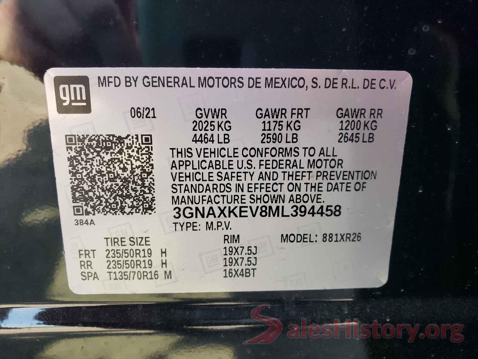 3GNAXKEV8ML394458 2021 CHEVROLET EQUINOX