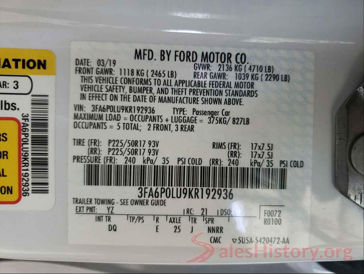 3FA6P0LU9KR192936 2019 FORD FUSION