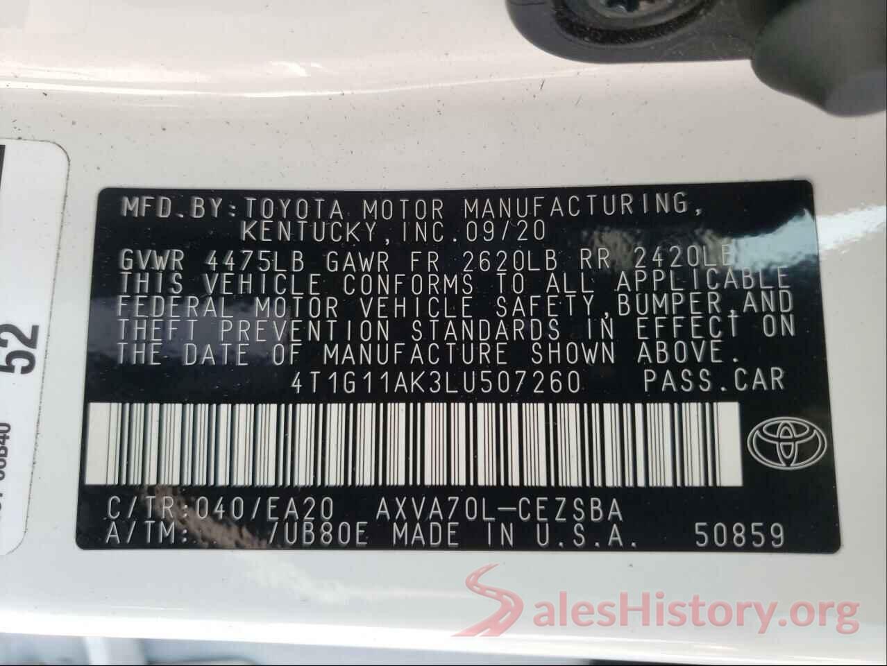 4T1G11AK3LU507260 2020 TOYOTA CAMRY