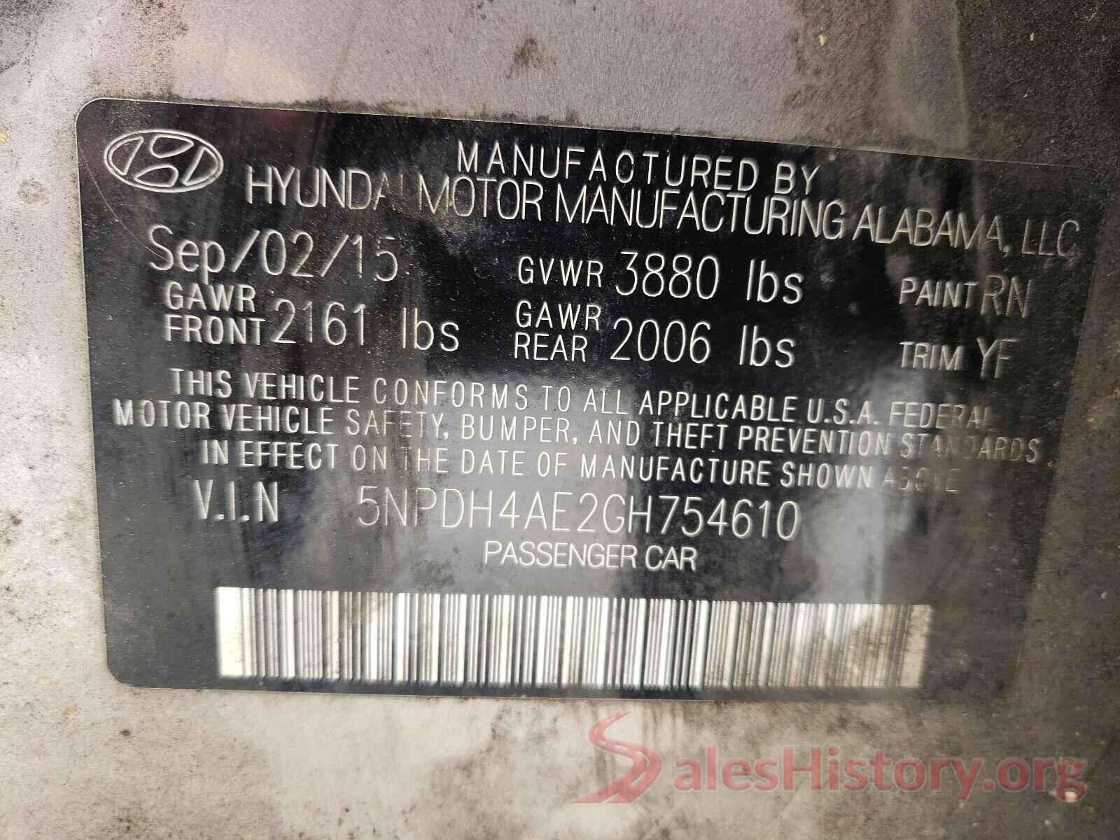 5NPDH4AE2GH754610 2016 HYUNDAI ELANTRA