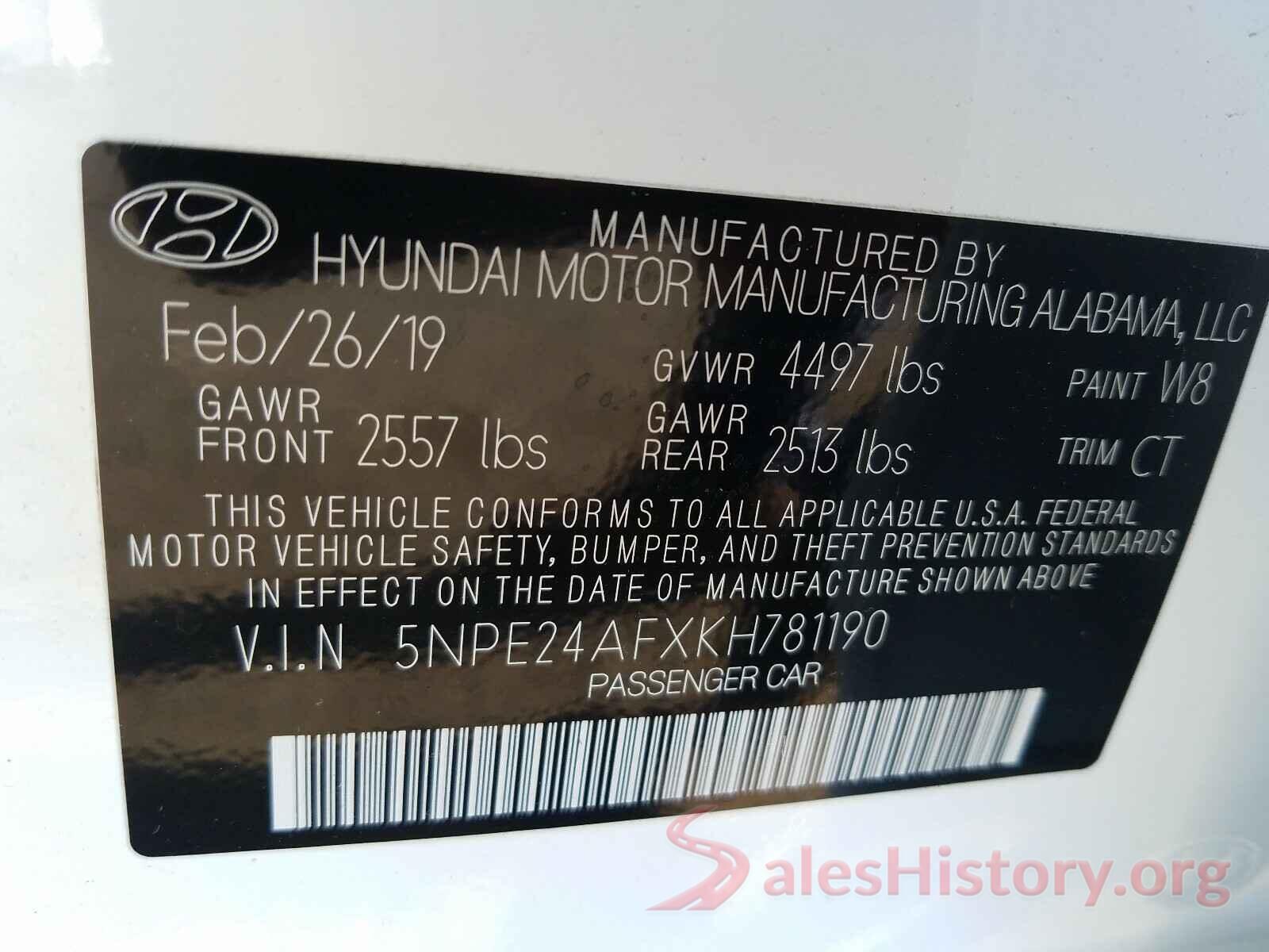 5NPE24AFXKH781190 2019 HYUNDAI SONATA