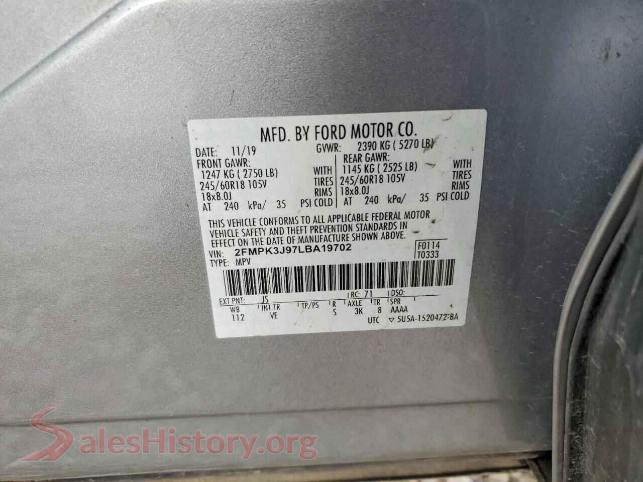 2020 FORD EDGE VIN 2FMPK3J97LBA19702, damage close-up