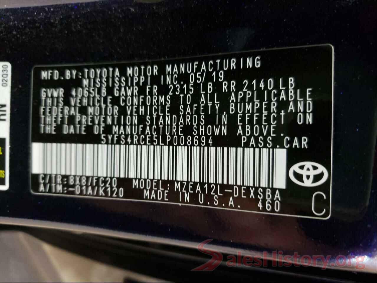 5YFS4RCE5LP008694 2020 TOYOTA COROLLA