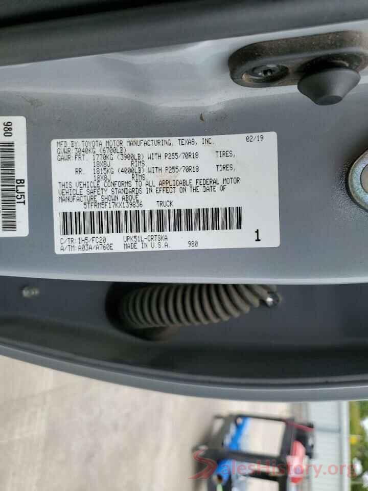 5TFRM5F17KX139836 2019 TOYOTA TUNDRA