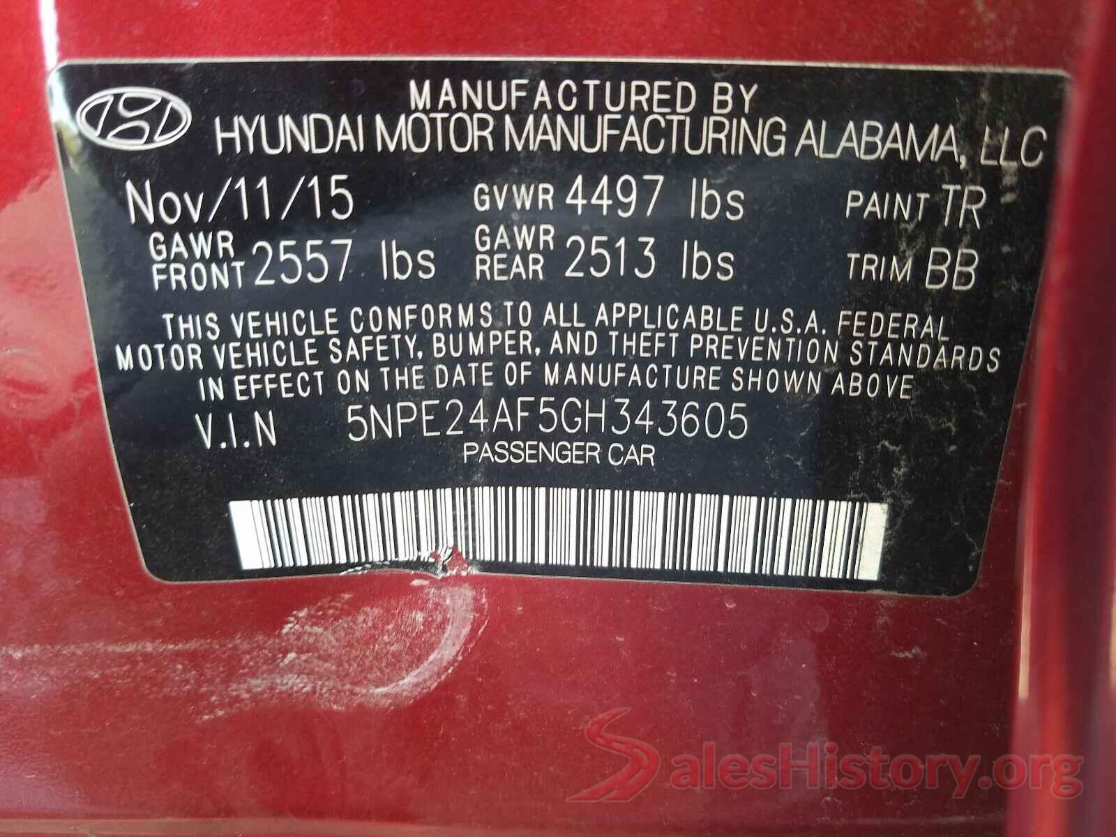 5NPE24AF5GH343605 2016 HYUNDAI SONATA