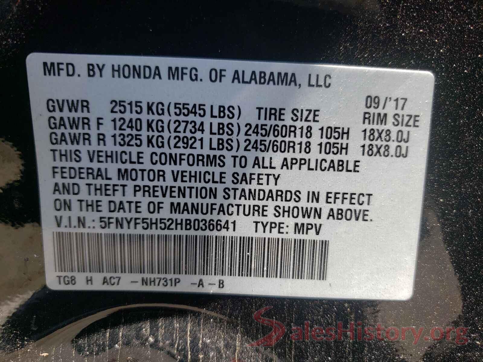 5FNYF5H52HB036641 2017 HONDA PILOT