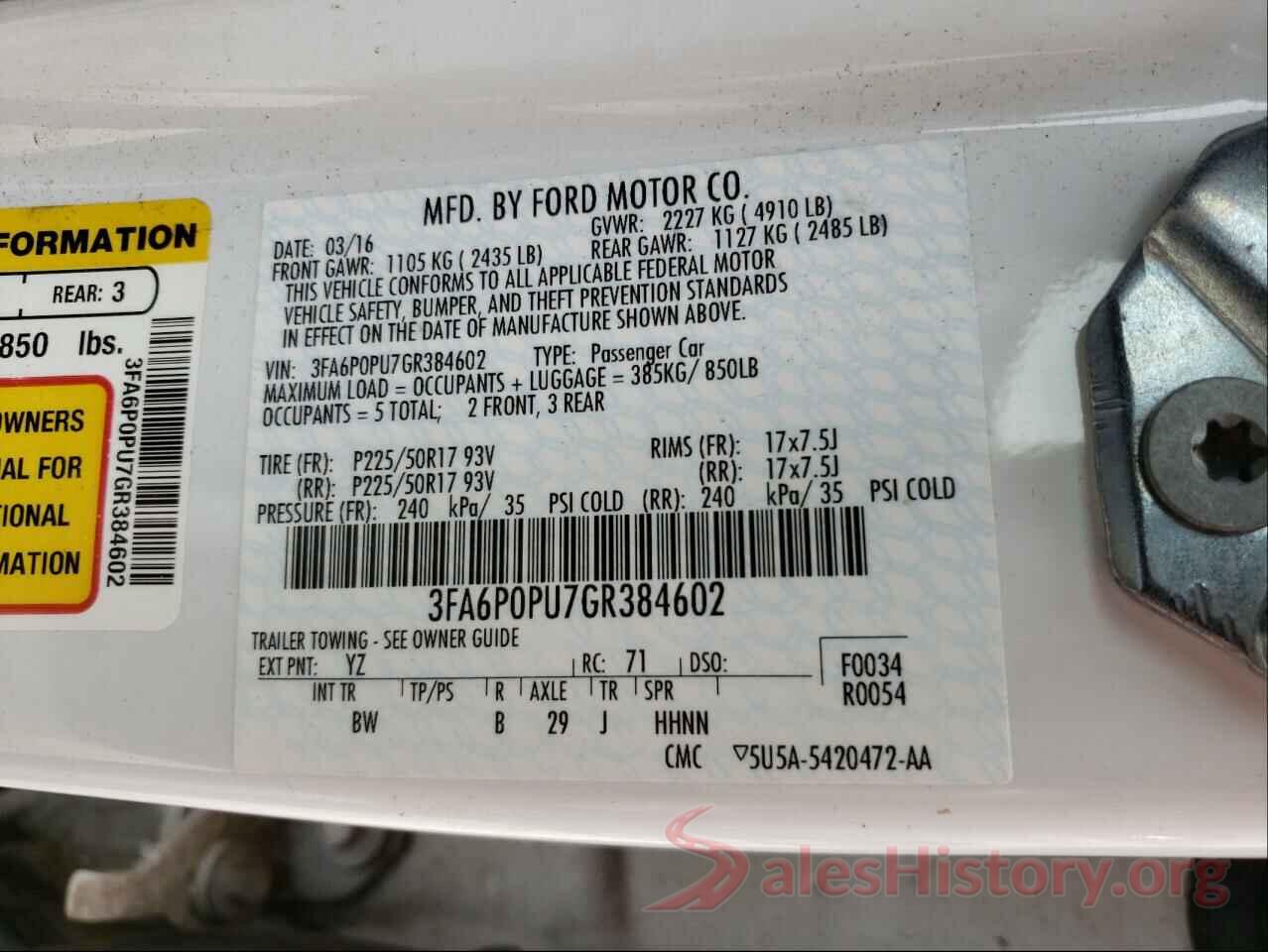 3FA6P0PU7GR384602 2016 FORD FUSION