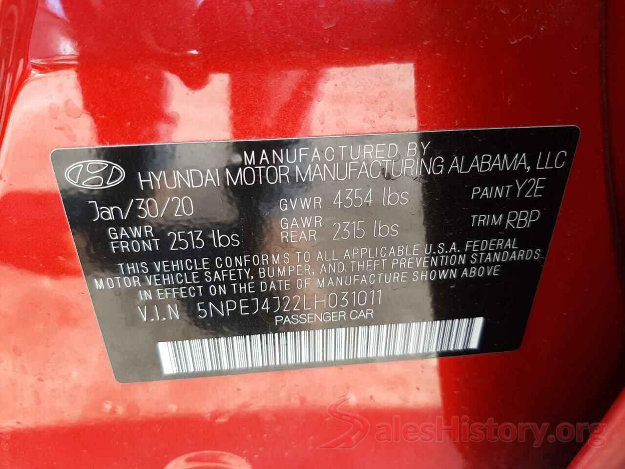 5NPEJ4J22LH031011 2020 HYUNDAI SONATA