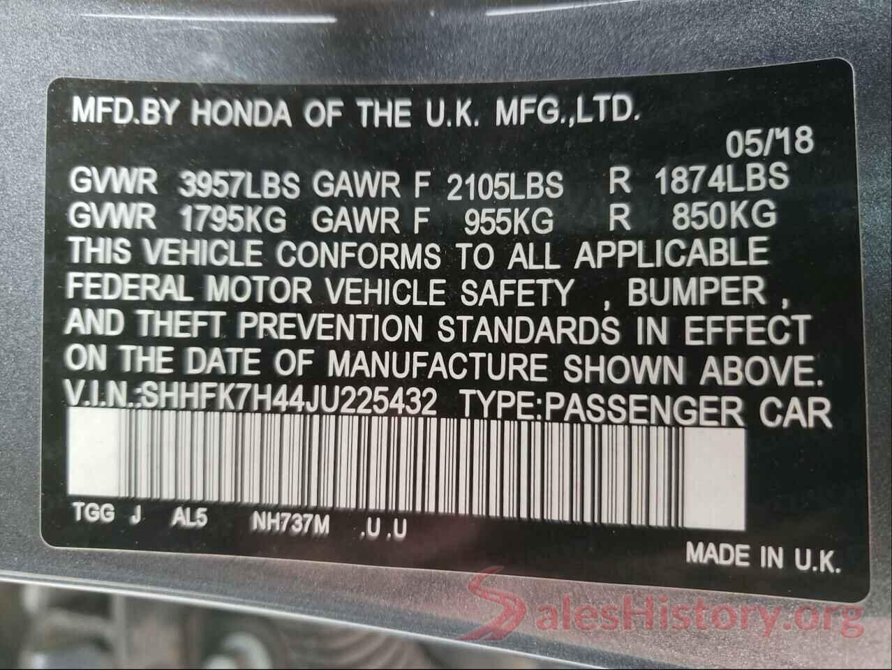 SHHFK7H44JU225432 2018 HONDA CIVIC