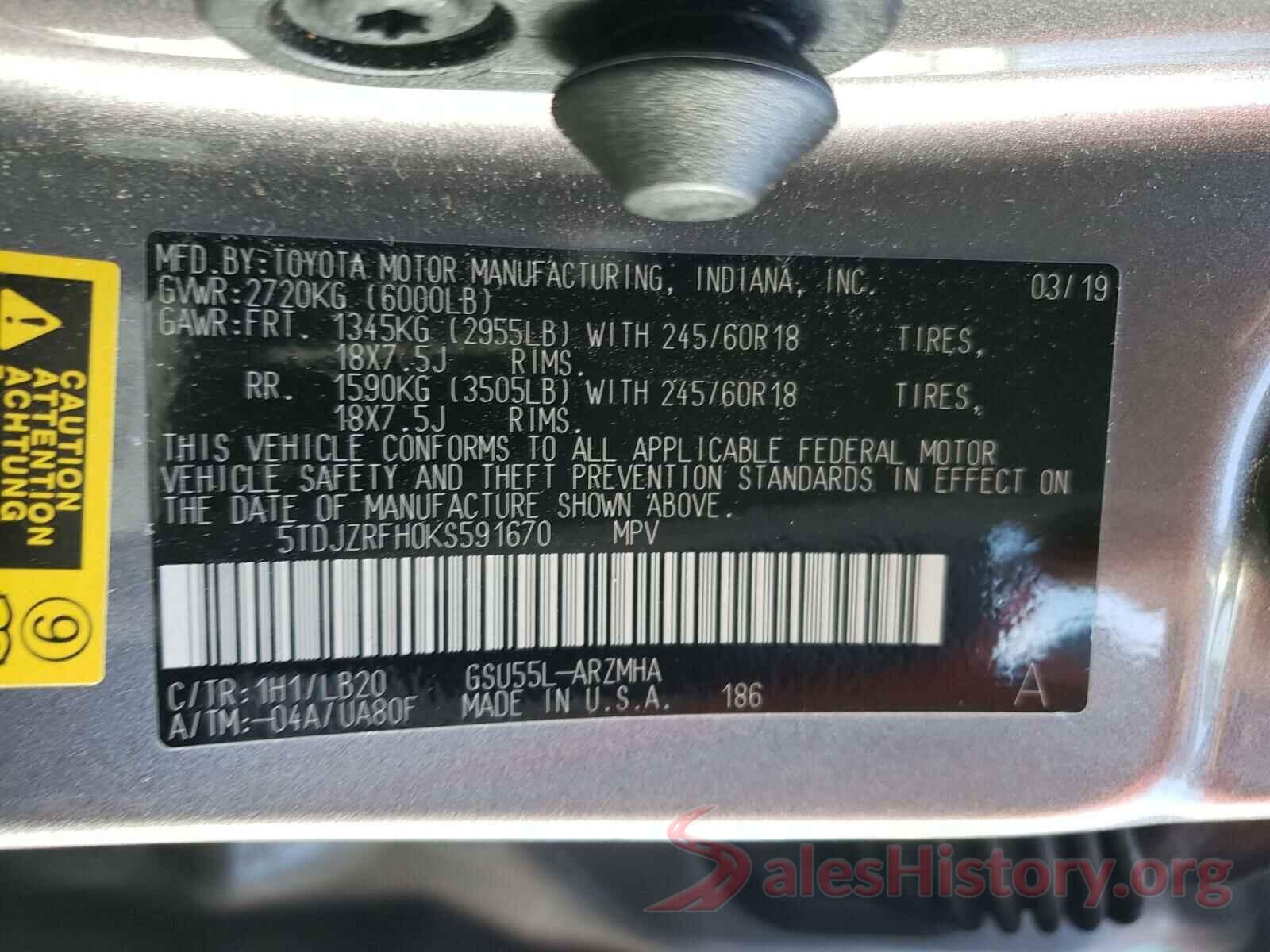 5TDJZRFH0KS591670 2019 TOYOTA HIGHLANDER