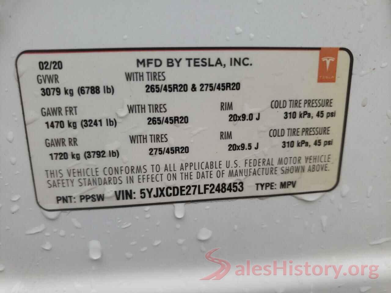 5YJXCDE27LF248453 2020 TESLA MODEL X