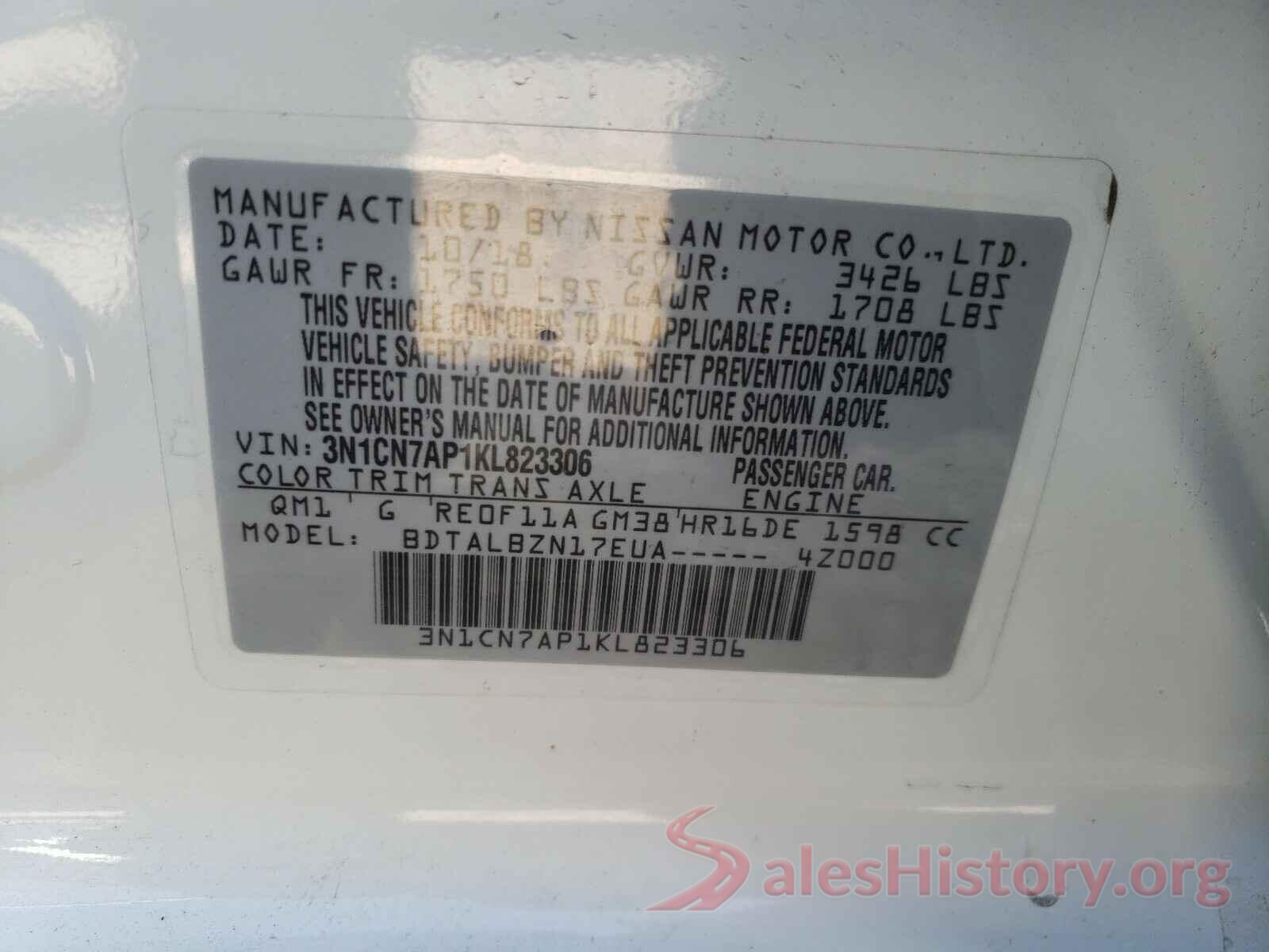 3N1CN7AP1KL823306 2019 NISSAN VERSA