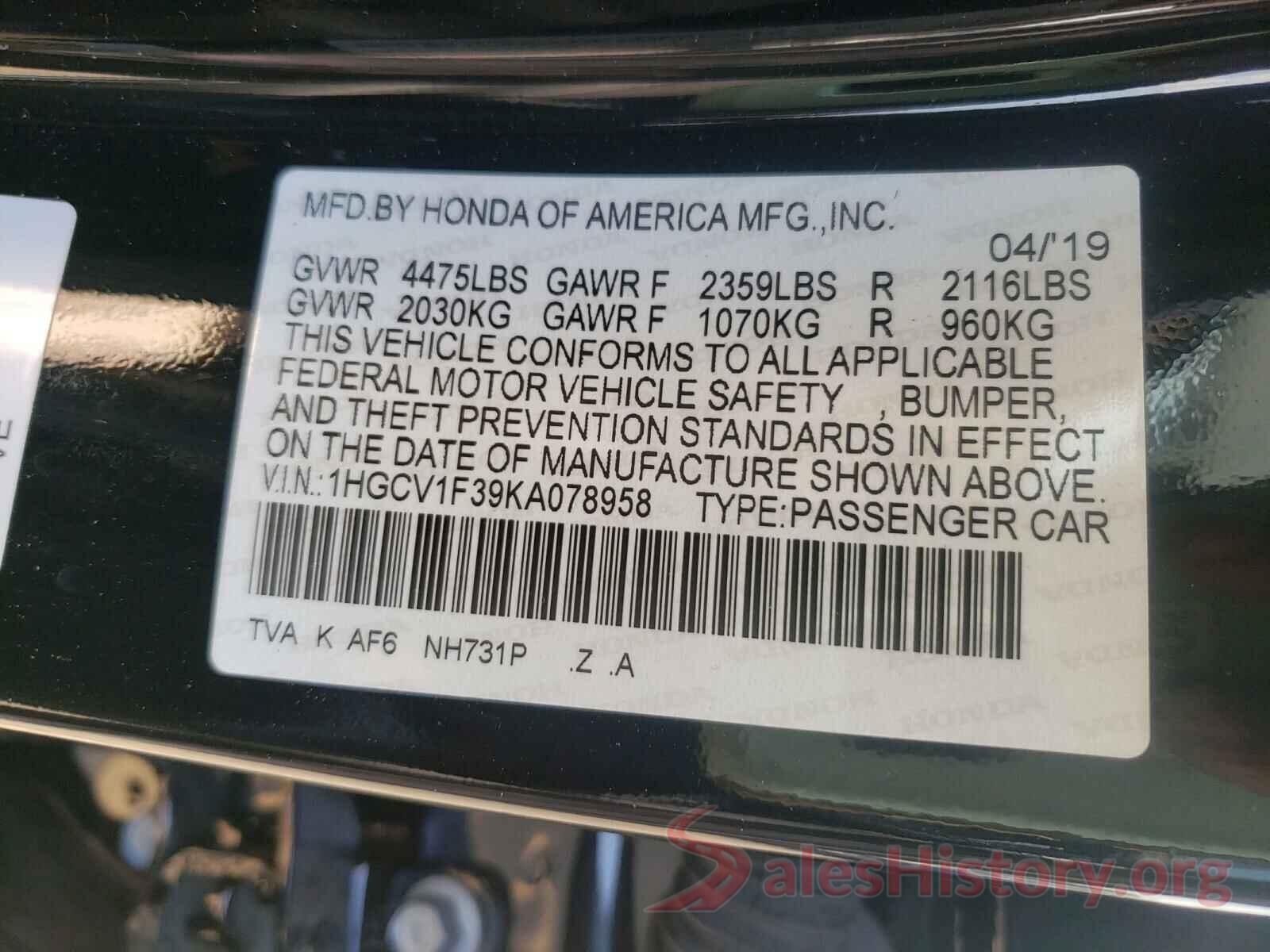 1HGCV1F39KA078958 2019 HONDA ACCORD