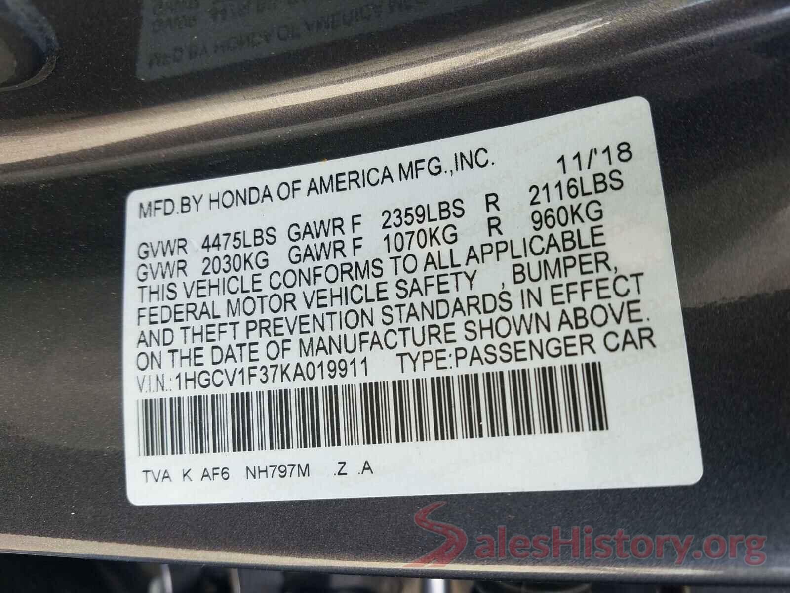 1HGCV1F37KA019911 2019 HONDA ACCORD