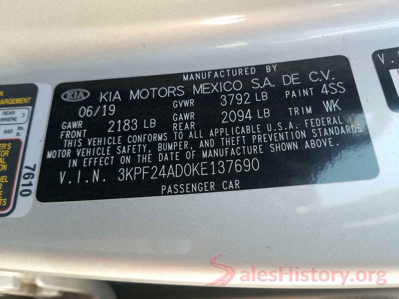 3KPF24AD0KE137690 2019 KIA FORTE