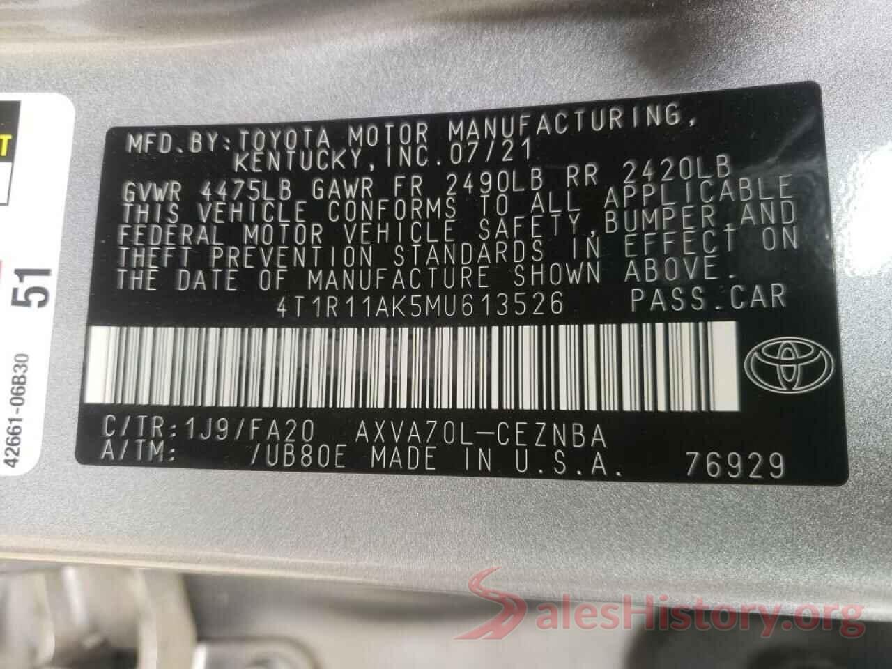 4T1R11AK5MU613526 2021 TOYOTA CAMRY