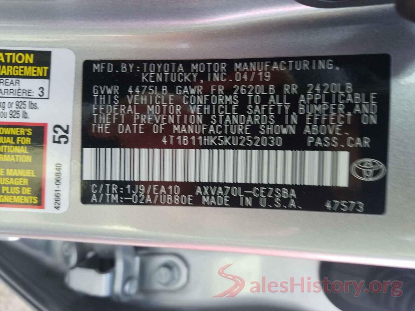 4T1B11HK5KU252030 2019 TOYOTA CAMRY