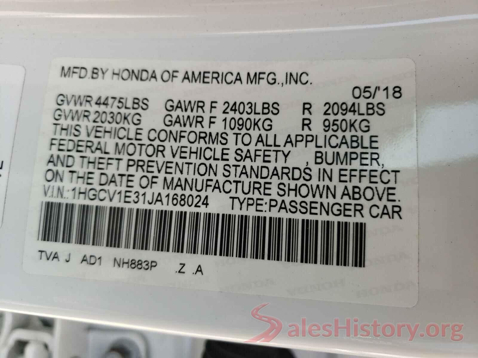 1HGCV1E31JA168024 2018 HONDA ACCORD