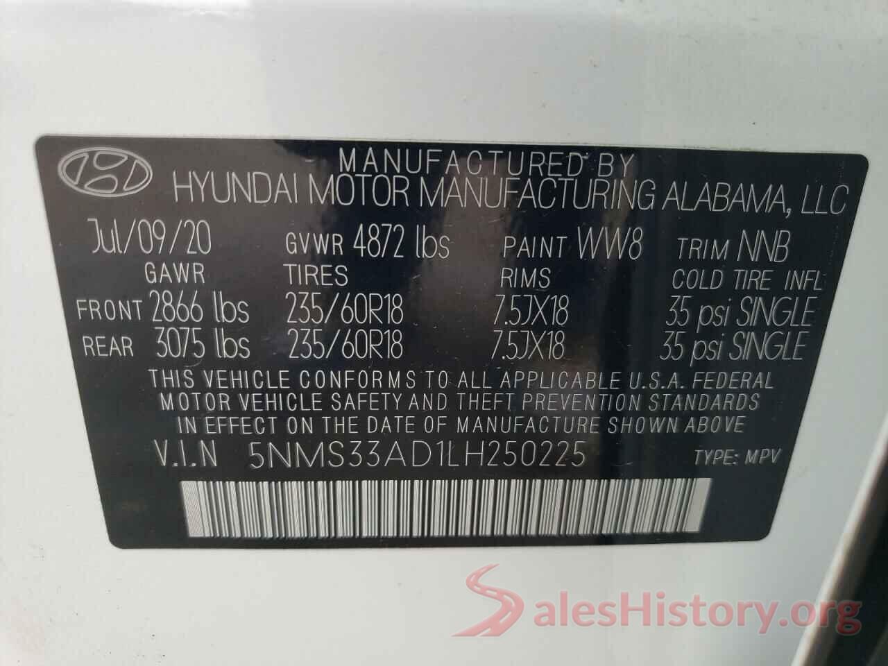 5NMS33AD1LH250225 2020 HYUNDAI SANTA FE