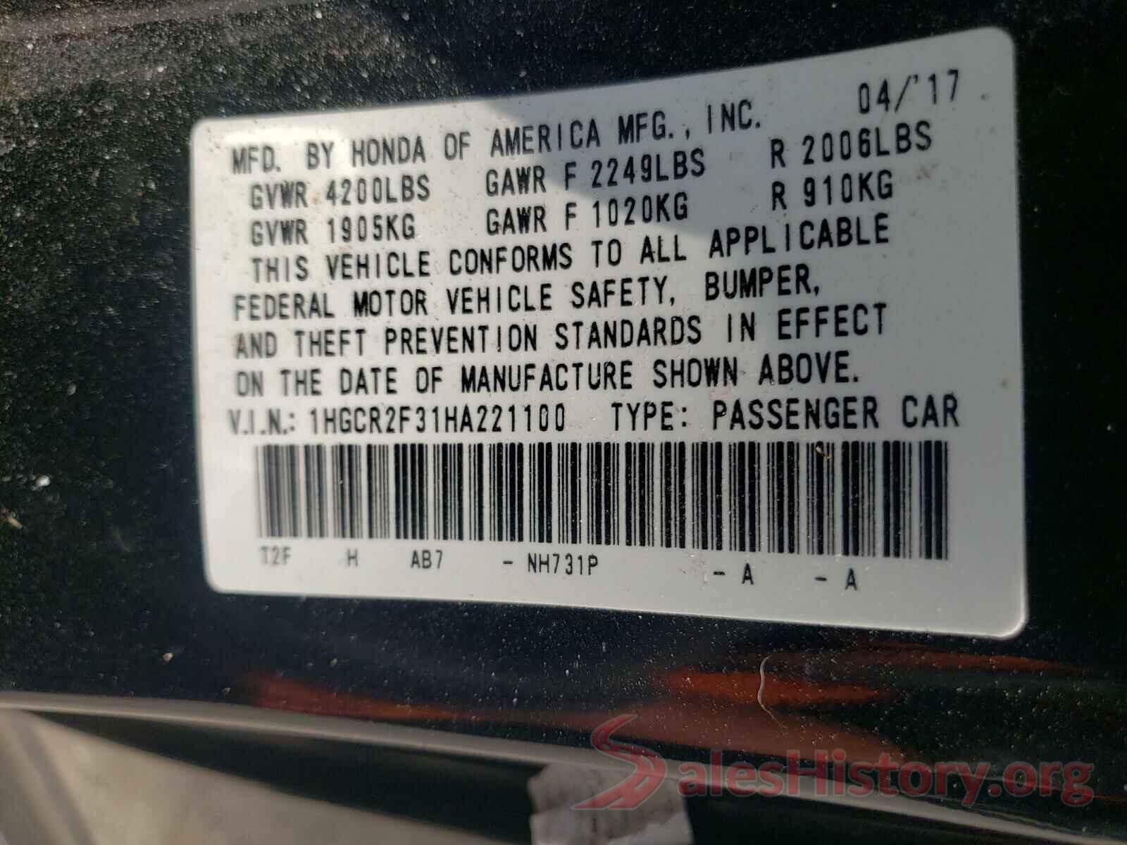 1HGCR2F31HA221100 2017 HONDA ACCORD