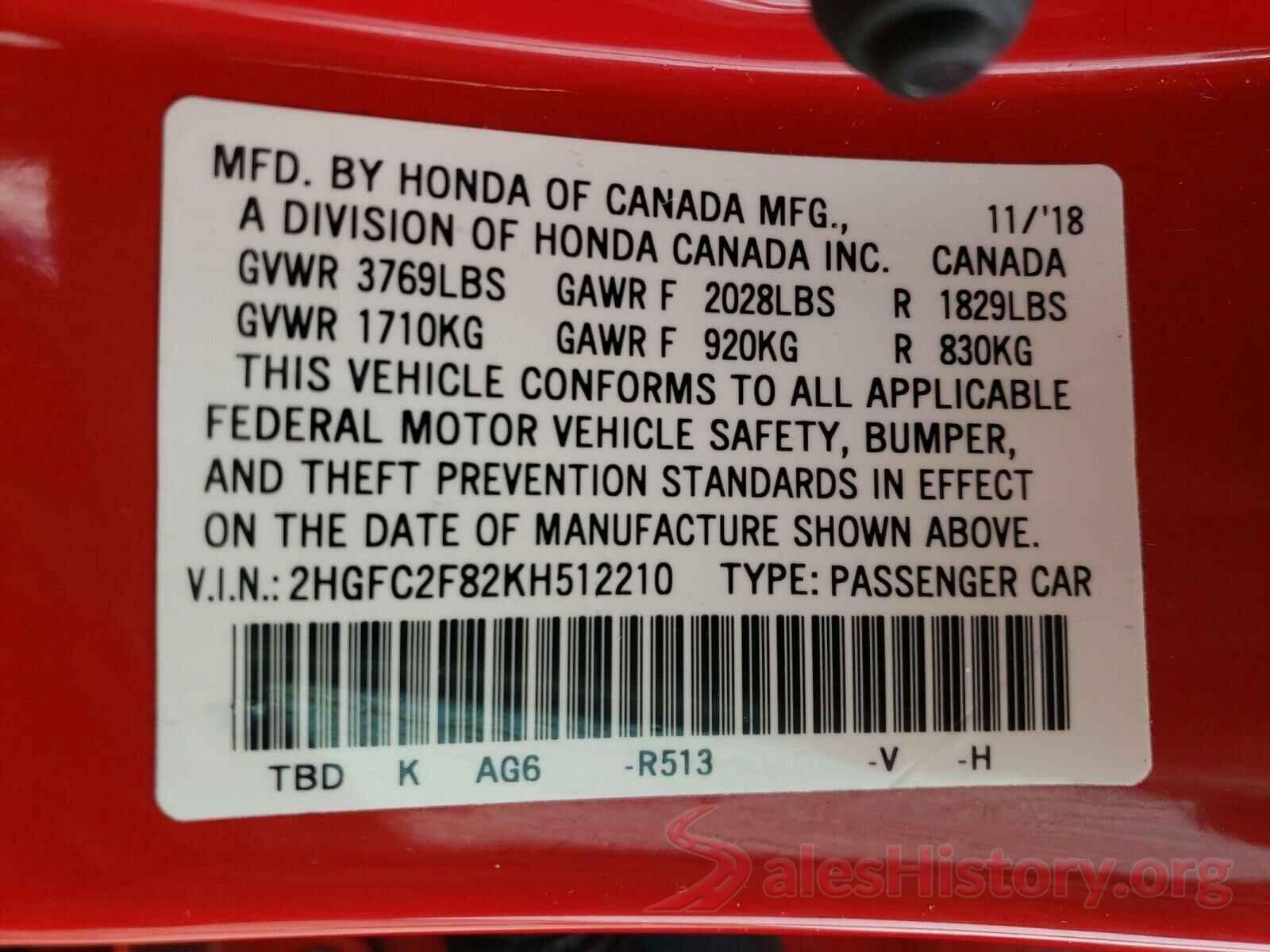 2HGFC2F82KH512210 2019 HONDA CIVIC