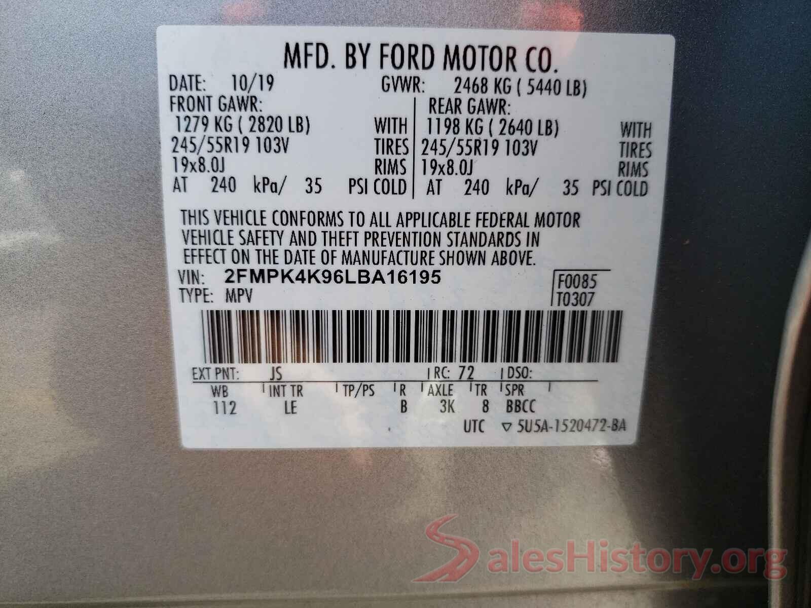 2FMPK4K96LBA16195 2020 FORD EDGE