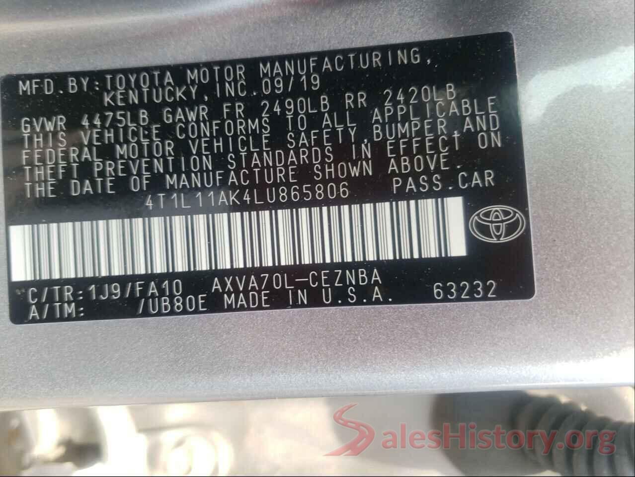 4T1L11AK4LU865806 2020 TOYOTA CAMRY