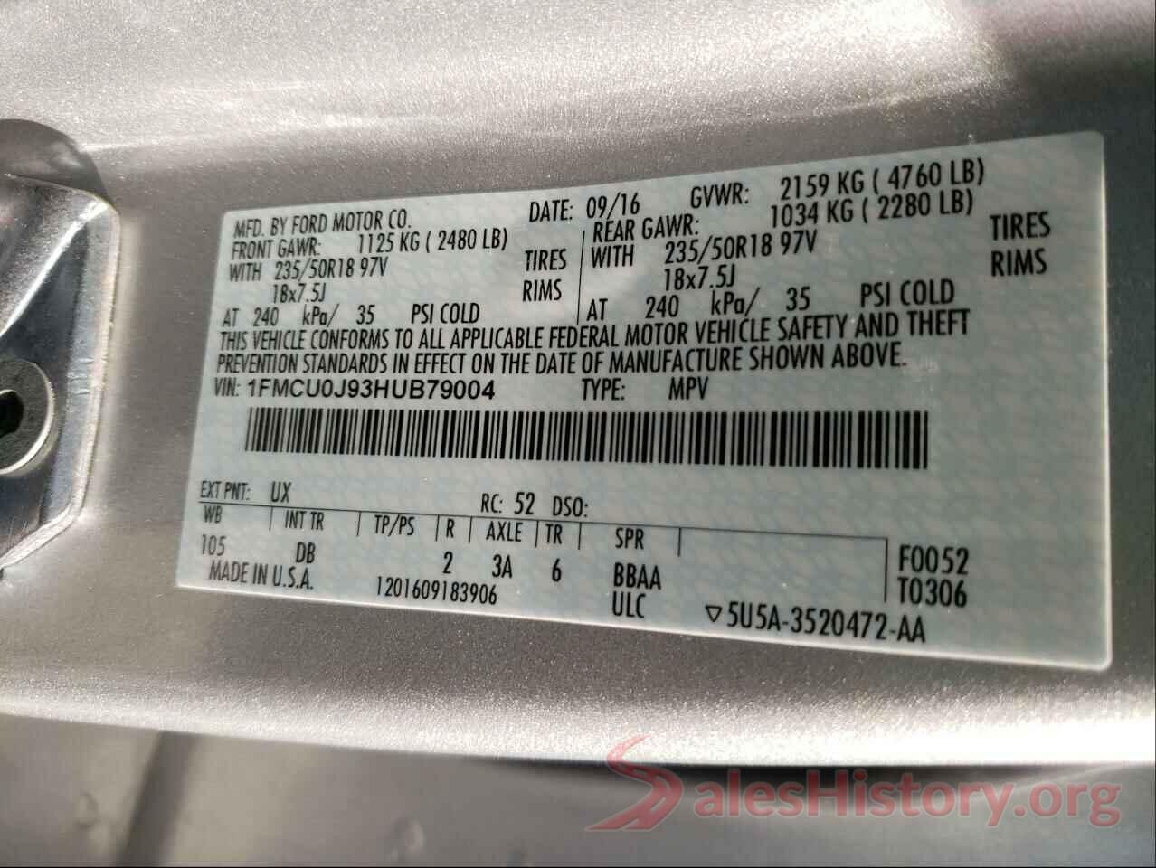 1FMCU0J93HUB79004 2017 FORD ESCAPE