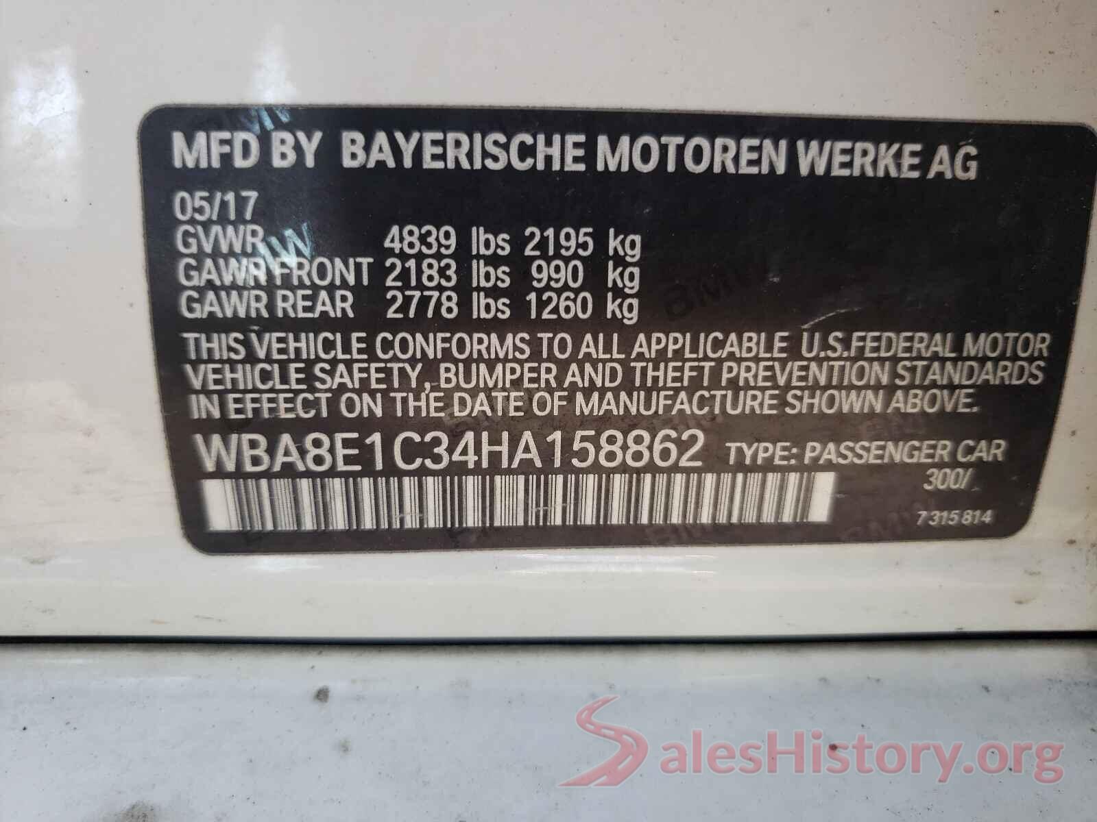 WBA8E1C34HA158862 2017 BMW 3 SERIES