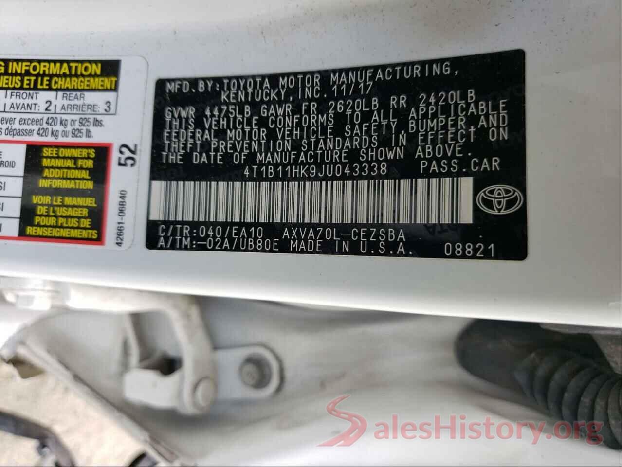 4T1B11HK9JU043338 2018 TOYOTA CAMRY