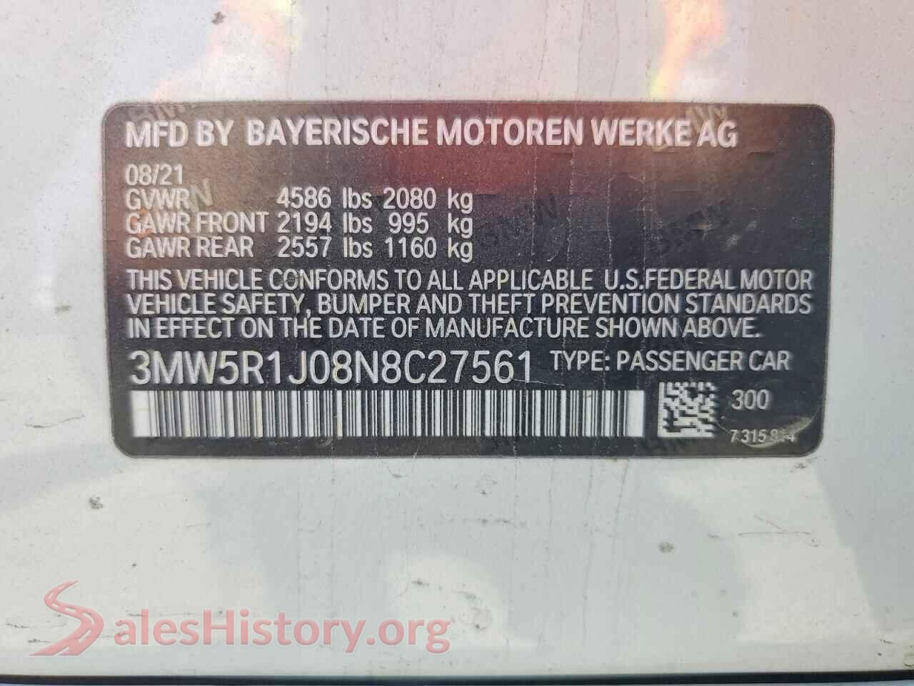 2022 BMW 3 SERIES VIN 3MW5R1J08N8C27561, wheel and tire