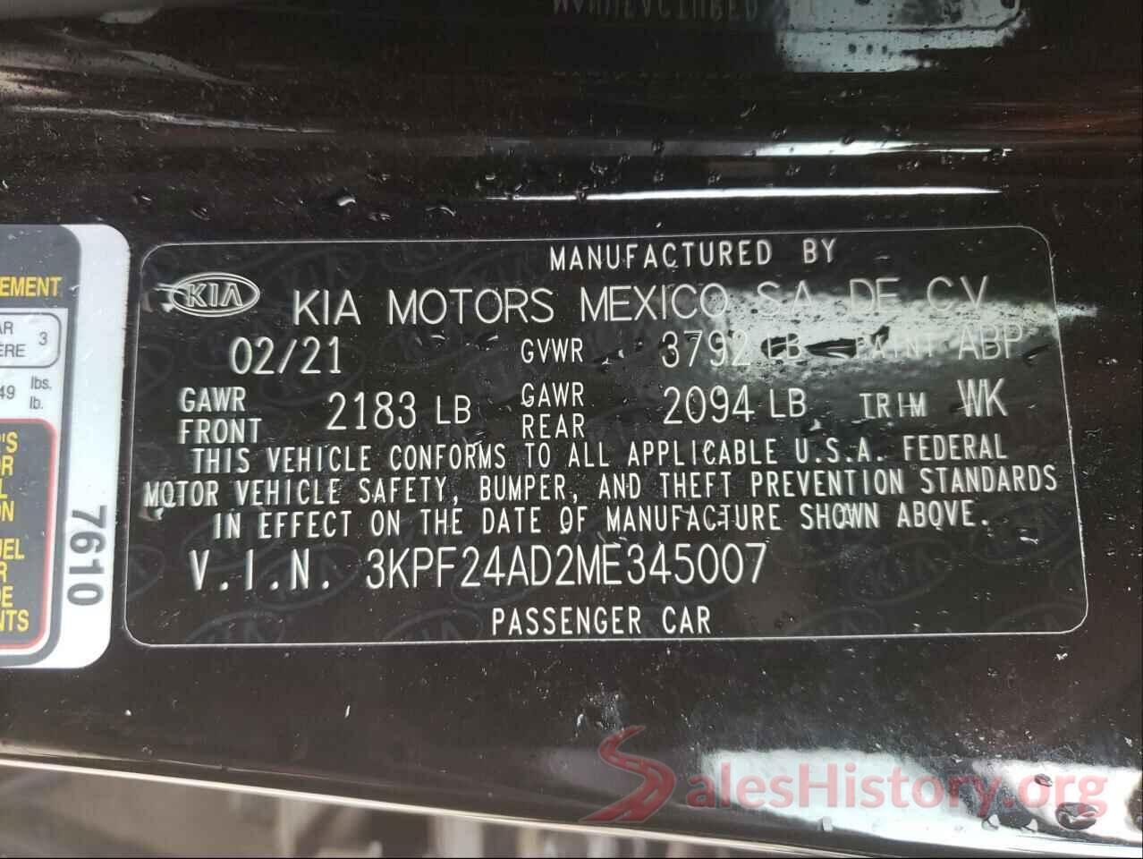 3KPF24AD2ME345007 2021 KIA FORTE