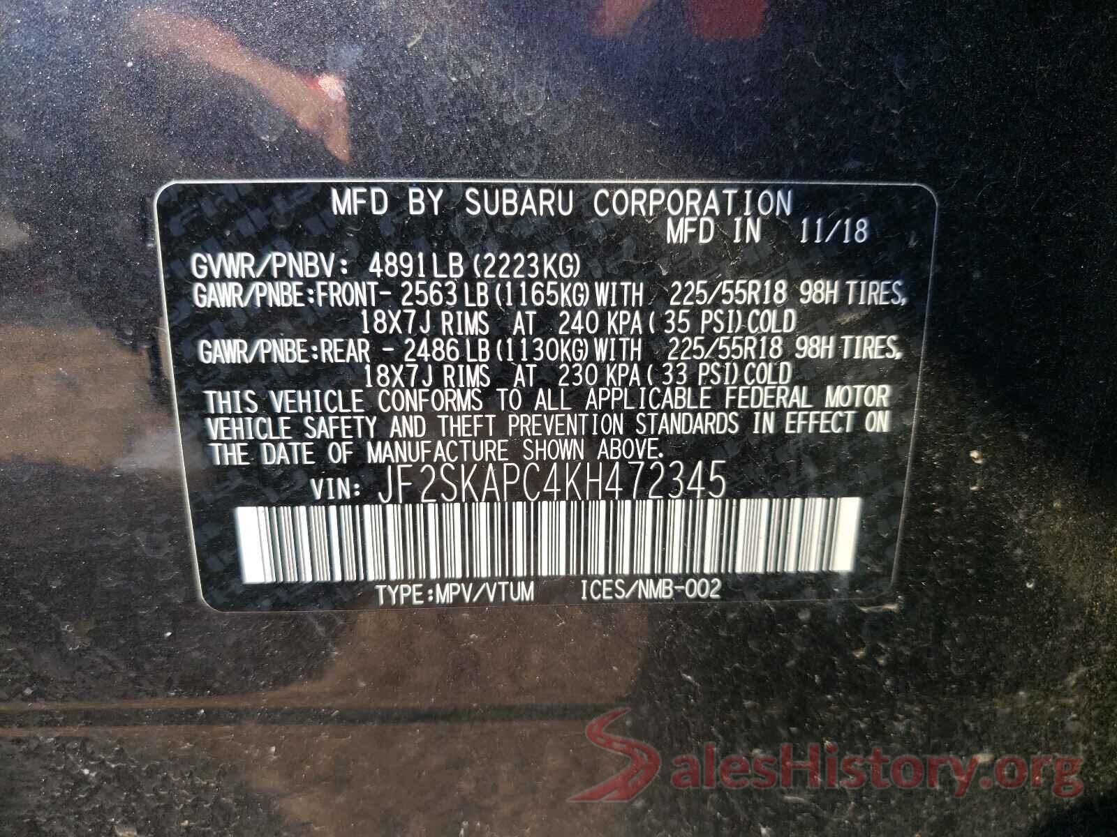 JF2SKAPC4KH472345 2019 SUBARU FORESTER