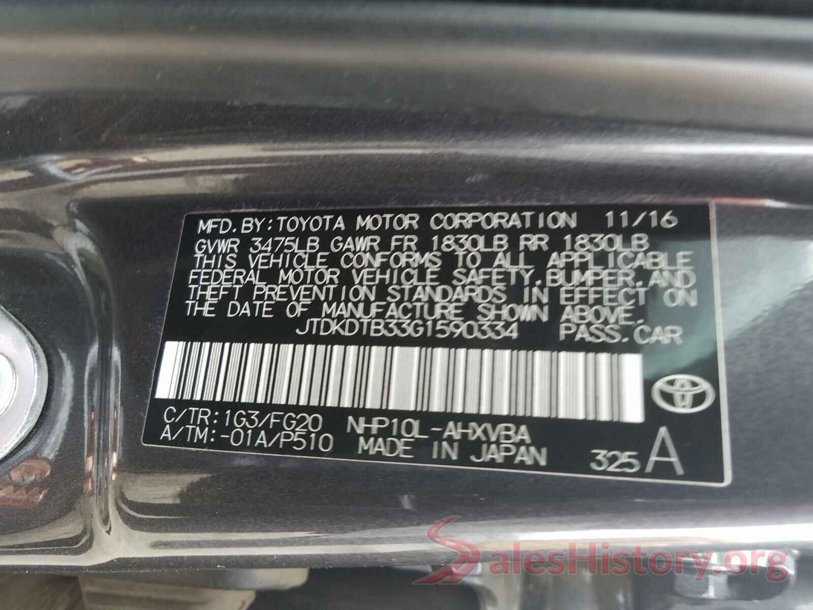 JTDKDTB33G1590334 2016 TOYOTA PRIUS