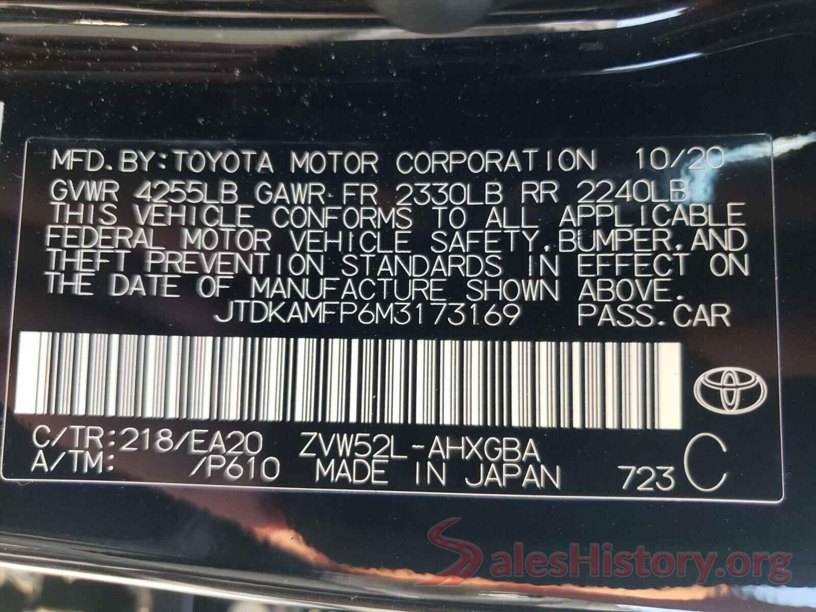 JTDKAMFP6M3173169 2021 TOYOTA PRIUS