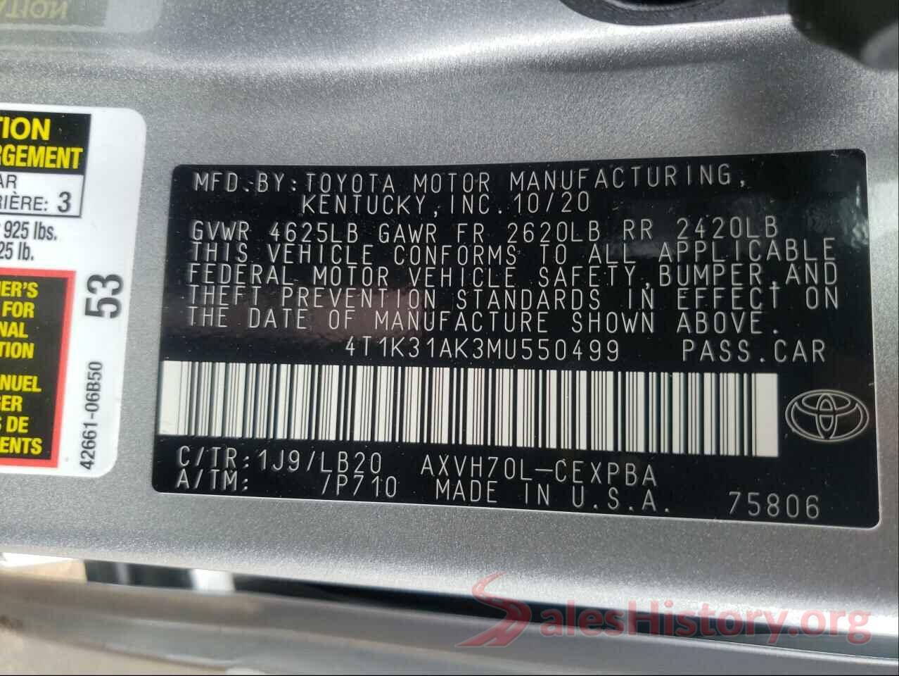 4T1K31AK3MU550499 2021 TOYOTA CAMRY