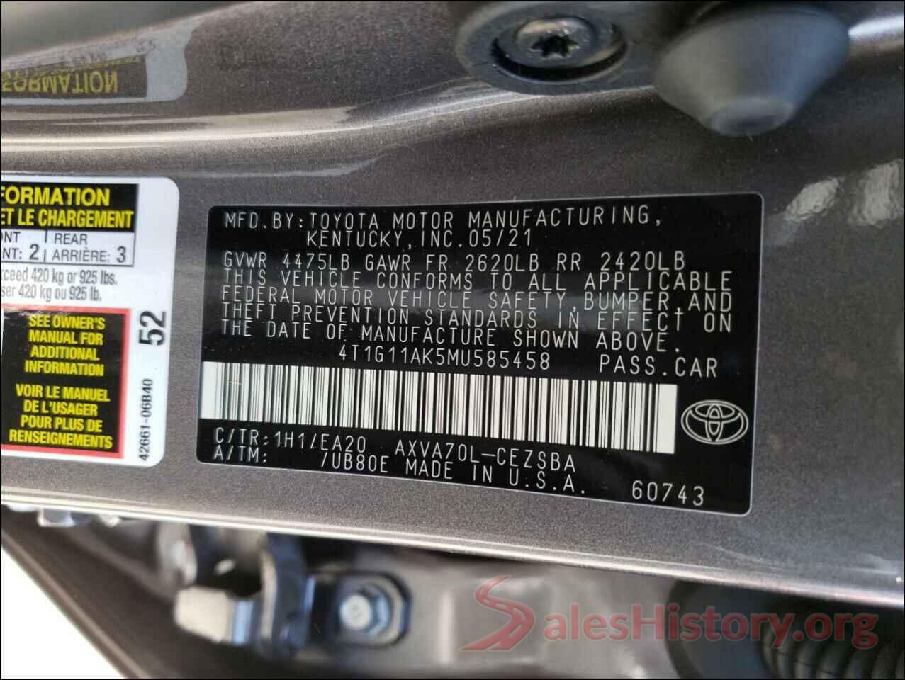 4T1G11AK5MU585458 2021 TOYOTA CAMRY