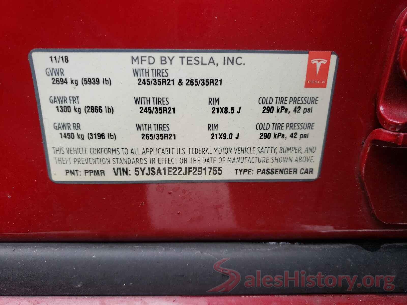 5YJSA1E22JF291755 2018 TESLA MODEL S