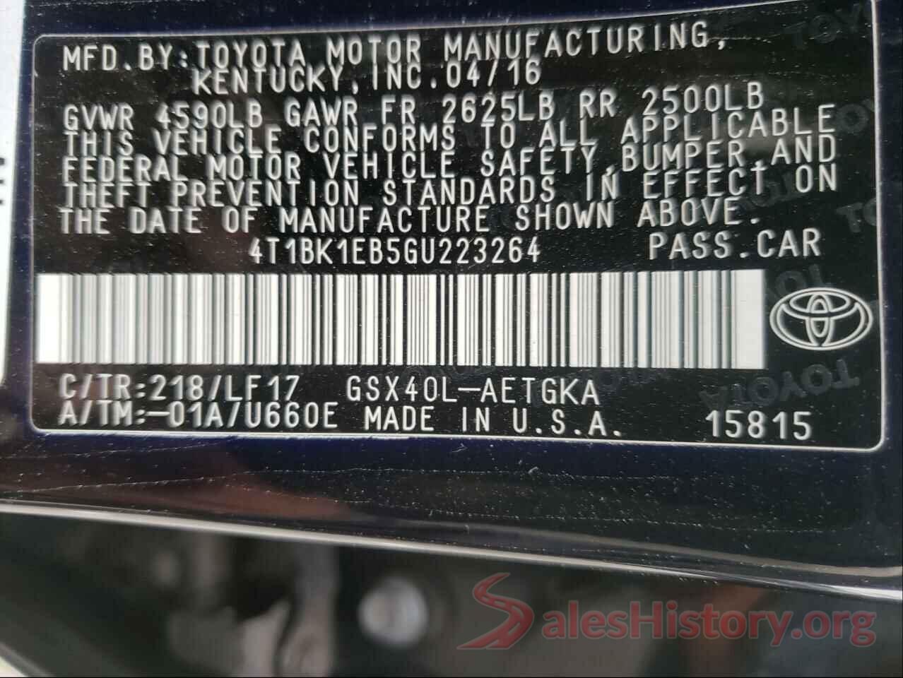 4T1BK1EB5GU223264 2016 TOYOTA AVALON