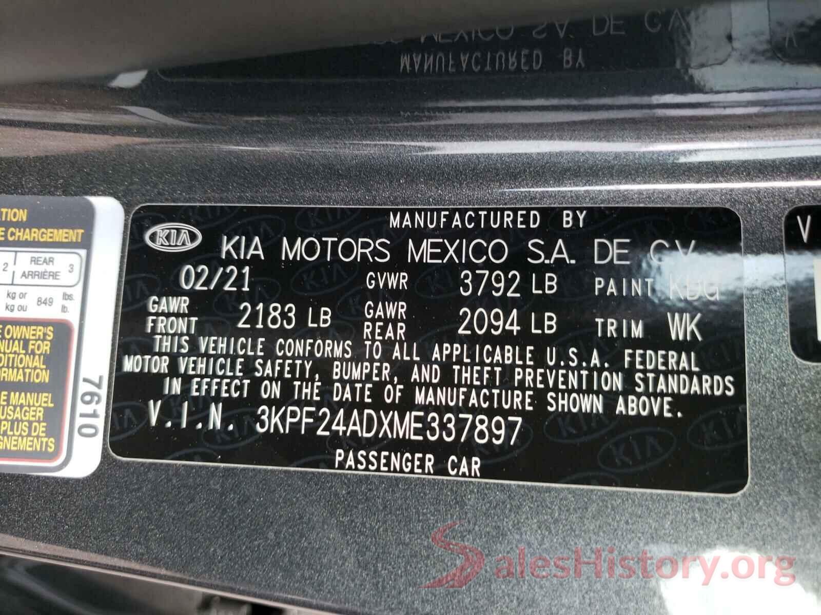 3KPF24ADXME337897 2021 KIA FORTE