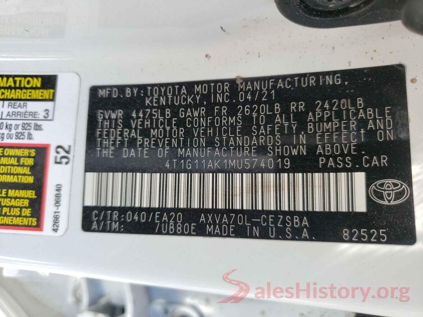 4T1G11AK1MU574019 2021 TOYOTA CAMRY