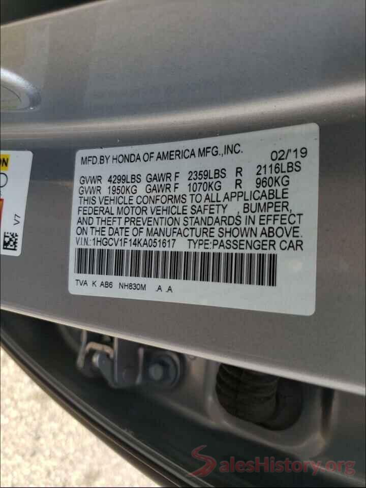 1HGCV1F14KA051617 2019 HONDA ACCORD