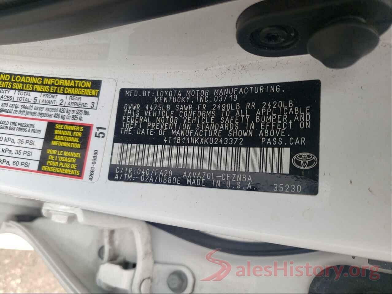 4T1B11HKXKU243372 2019 TOYOTA CAMRY