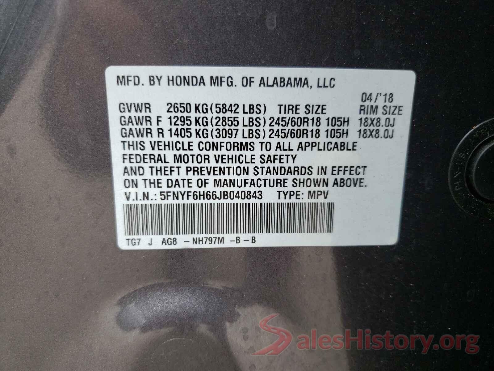 5FNYF6H66JB040843 2018 HONDA PILOT