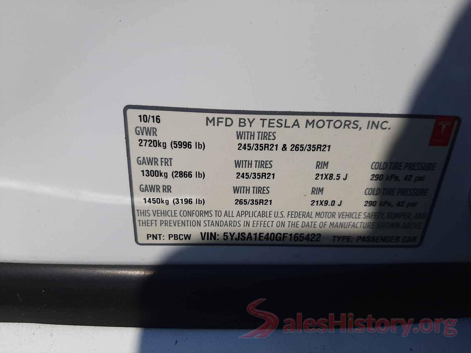 5YJSA1E40GF165422 2016 TESLA MODEL S