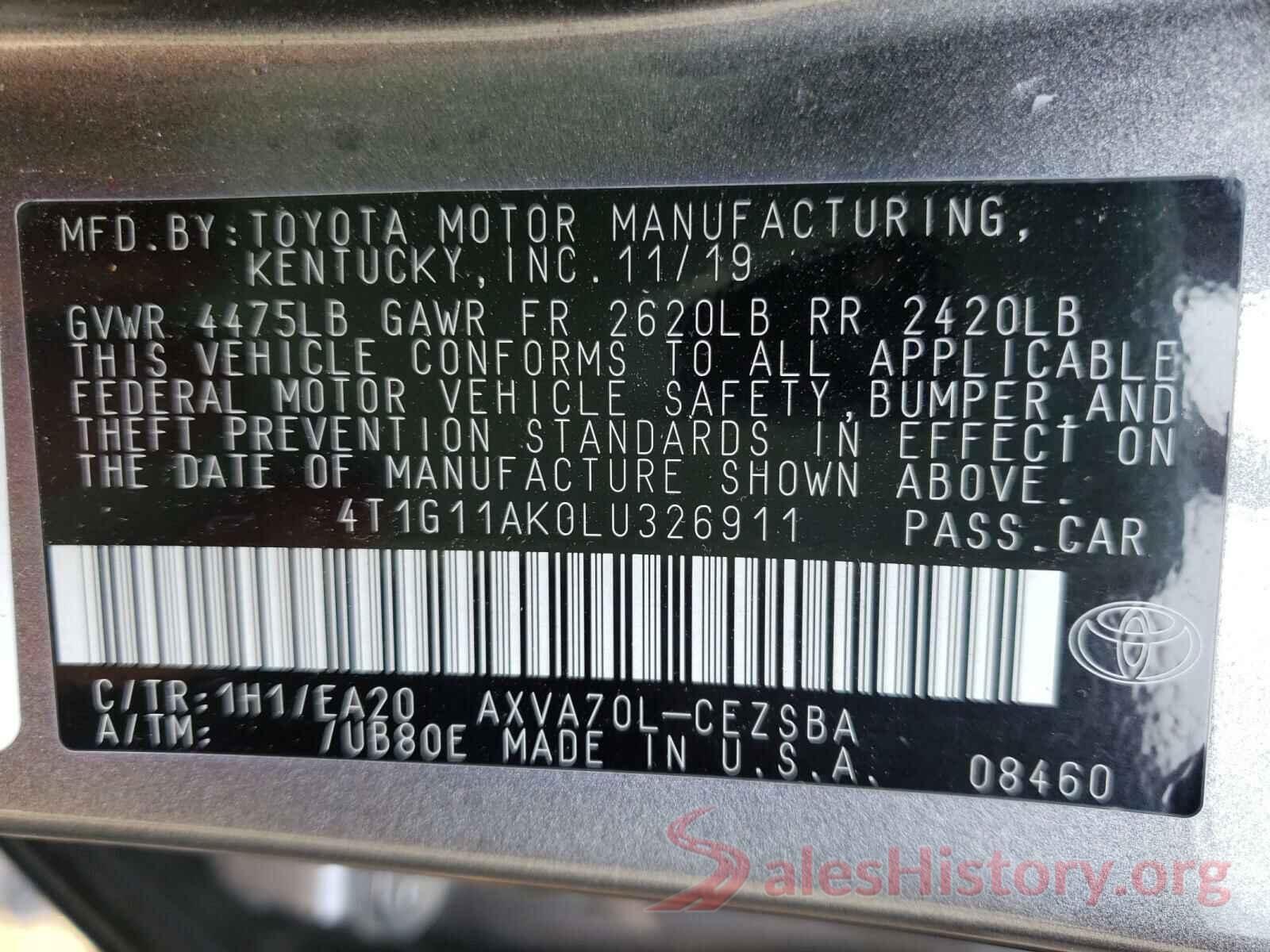 4T1G11AK0LU326911 2020 TOYOTA CAMRY