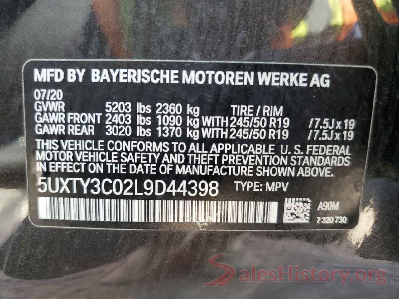 5UXTY3C02L9D44398 2020 BMW X3