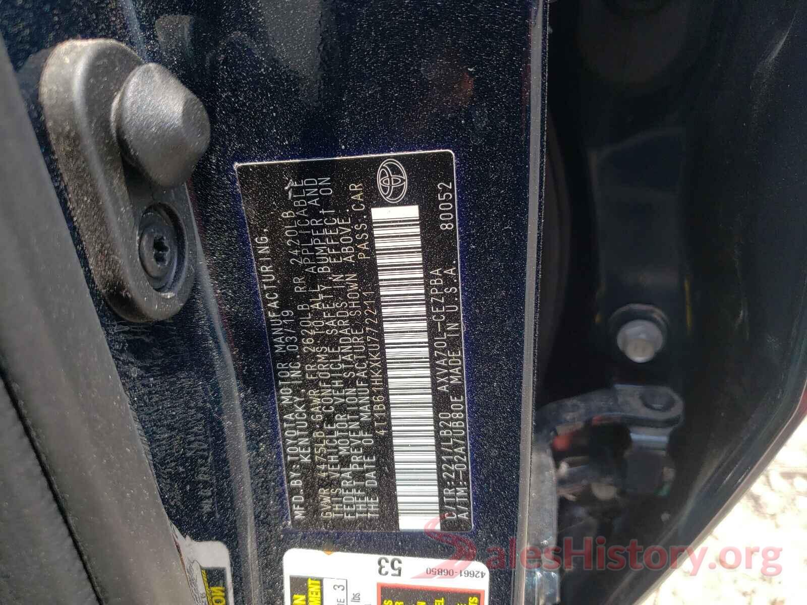 4T1B61HKXKU772211 2019 TOYOTA CAMRY