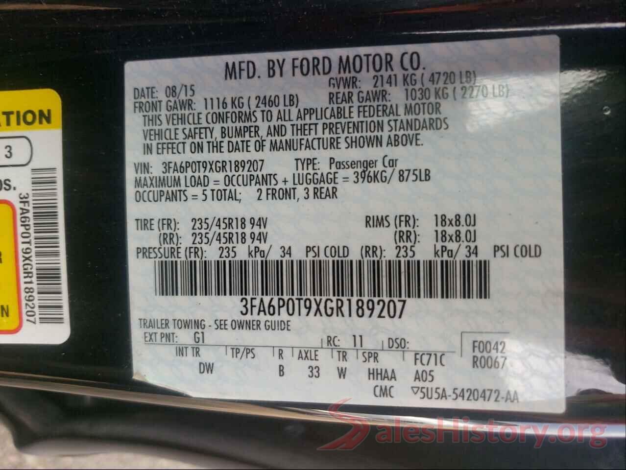 3FA6P0T9XGR189207 2016 FORD FUSION