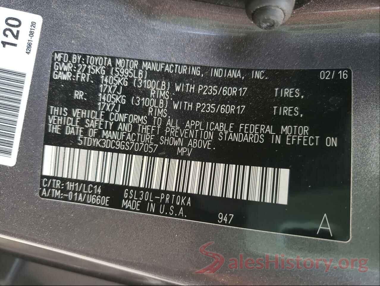 5TDYK3DC9GS707057 2016 TOYOTA SIENNA